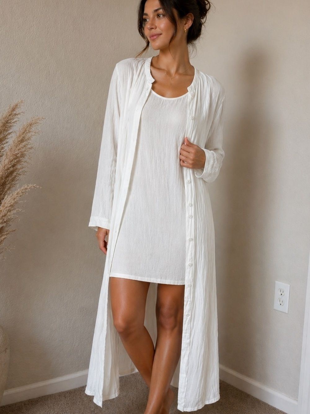 Skin Worldwide White Cotton Two-Piece Duster & Dress Lounge Set Lightweight S.